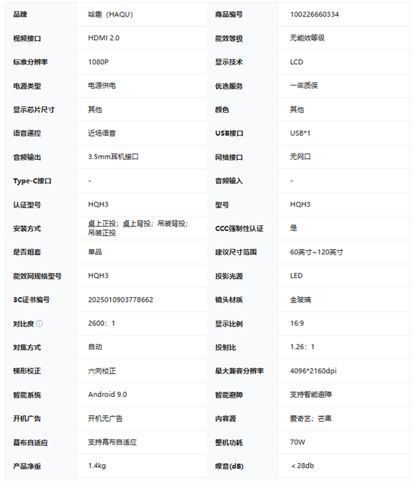 哈趣投影 H3 配置参数 + 深度测评pg模拟器试玩哈趣投影 H3 怎么样(图2)